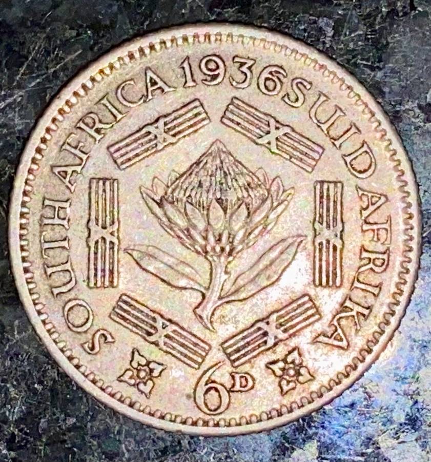 S A UNION SILVER 6D SIXPENCE --1936 --80%SILVER