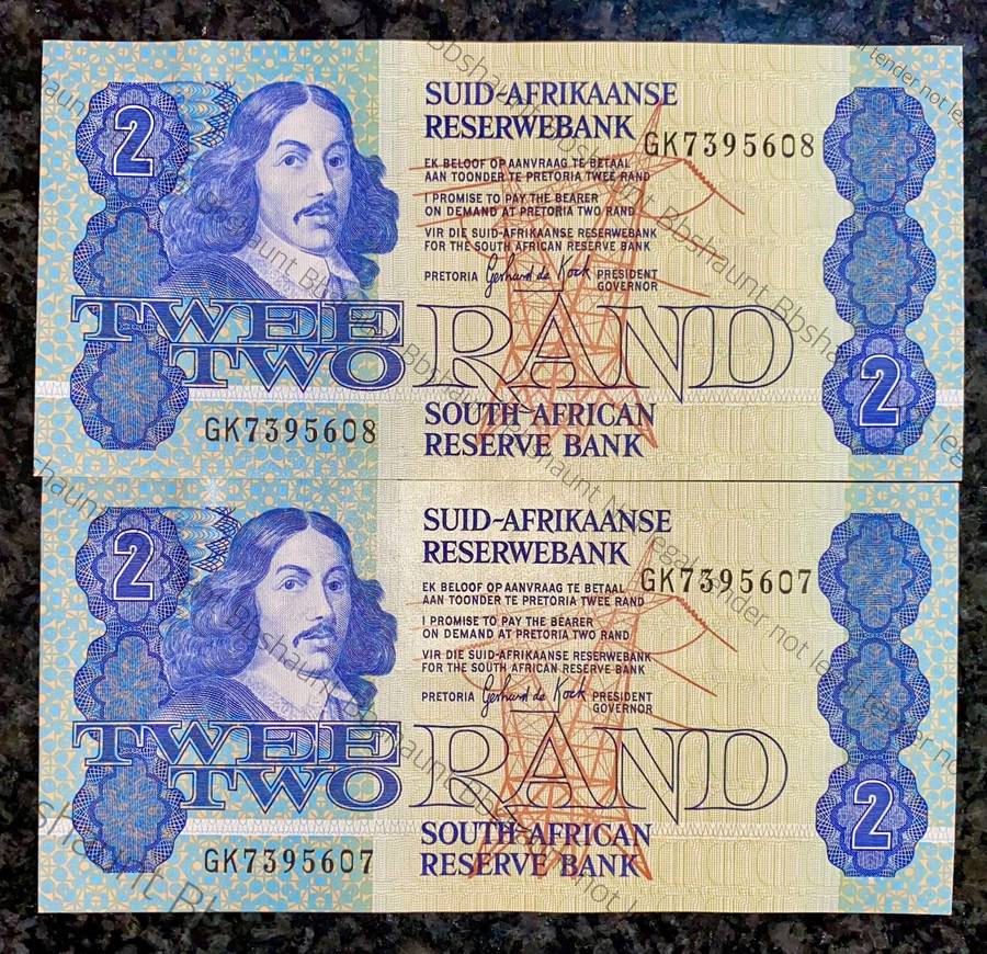 GPC De Kock. R2 in sequence GK7395607-608 UNC -- 3rd issue 1984 (1 bid takes all )