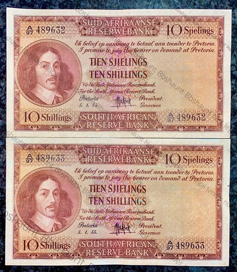 MH DE KOCK 10 SHILLINGS IN SEQUENCE A97 /489633-632 E/A 5.1.1955 CRISP NOTES EF (1 BID TAKES ALL)