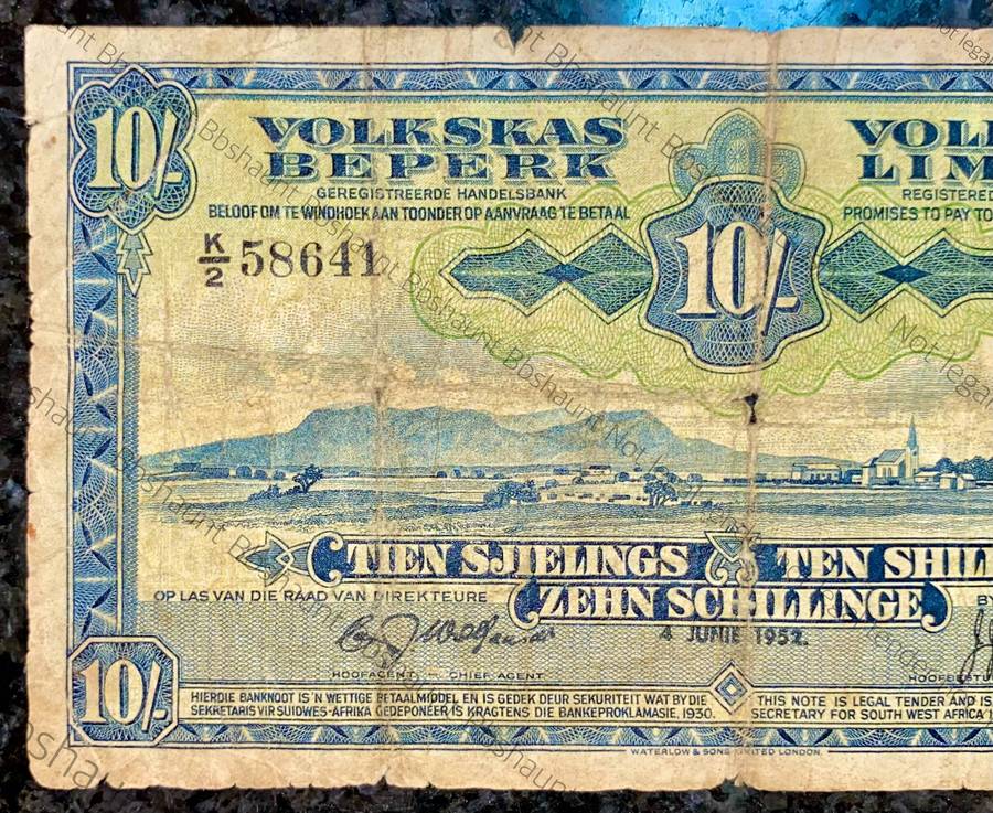 Volkskas Bank 10 shillings 1952 South West Africa Windhoek K2