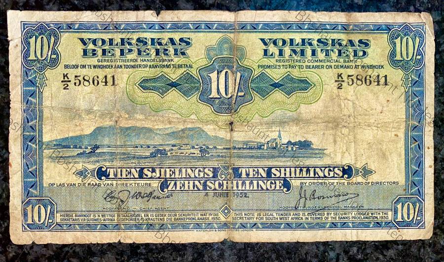 Volkskas Bank 10 shillings 1952 South West Africa Windhoek K2
