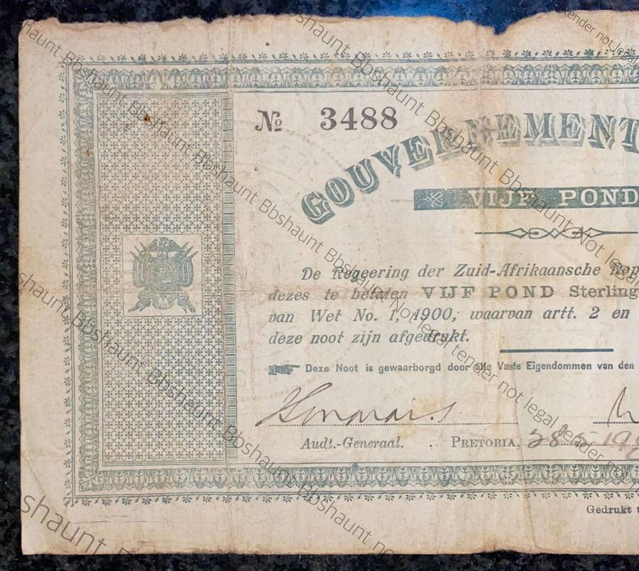 Z.A.R Pretoria 5 pound Government Noot 28-5-1900 -- 3488 Star Boarder