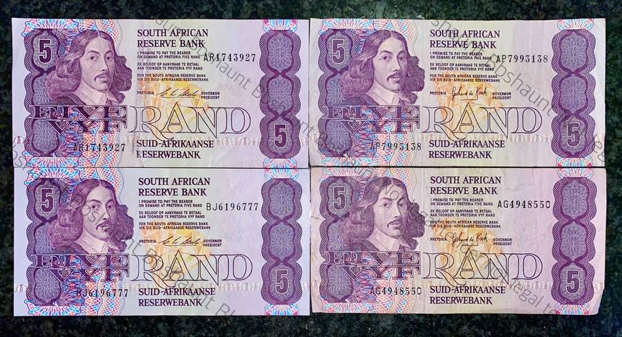 SET OF R5 NOTES VARIOUS GOVERNORS GPC DE KOCK 1980s & CL STALS 1990 (1 BID TAKES ALL )