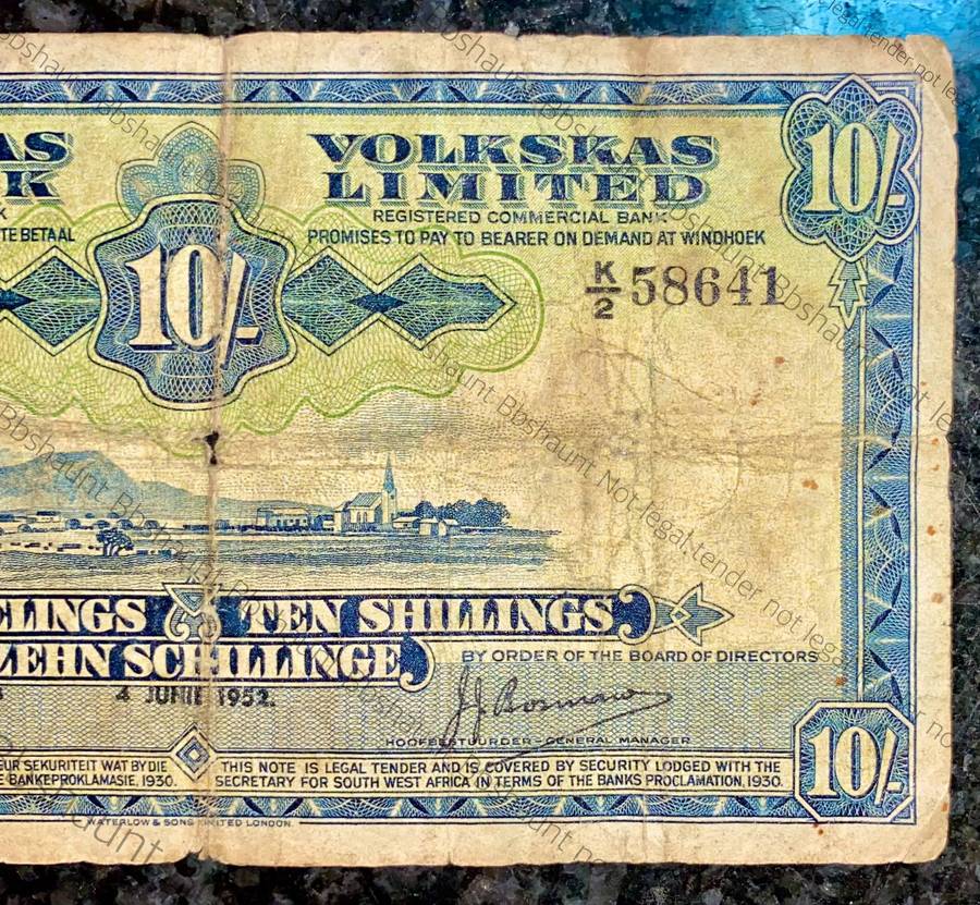 Volkskas Bank 10 shillings 1952 South West Africa Windhoek K2