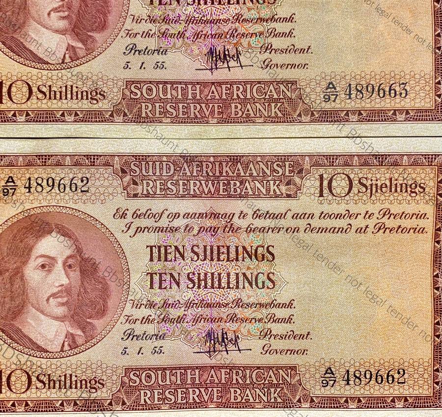 MH DE KOCK 10 SHILLINGS IN SEQUENCE A97 /489662-663 A/E 5.1.1955 CRISP NOTES EF (1 BID TAKES ALL)