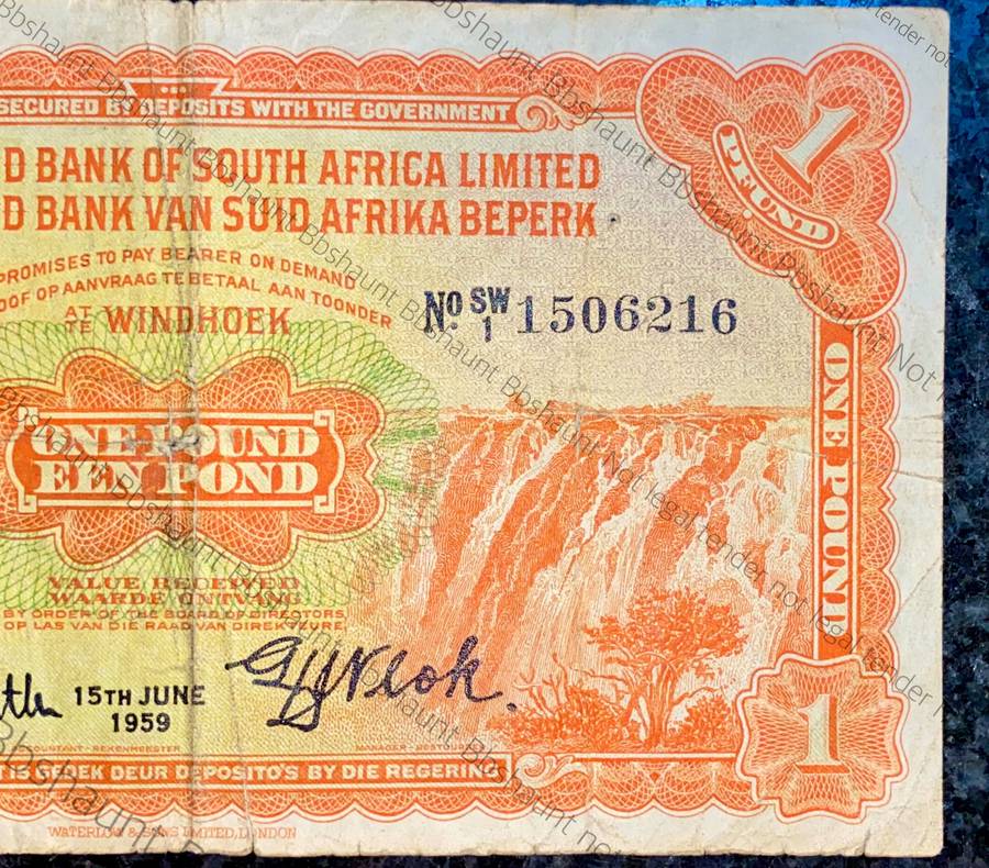 South West Africa 1 pound 15th June 1959 Standard Bank