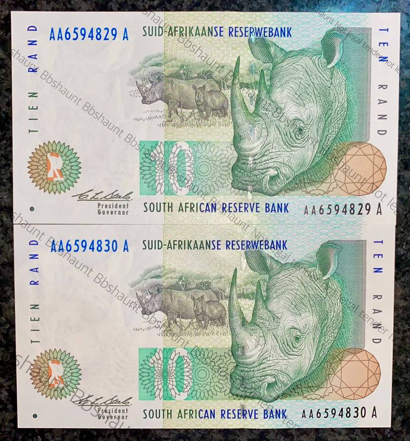 CL Stals. R10AA in sequence AA6594830-829 unc 2nd issue 1994 Rhino wtm (1 bid takes all)