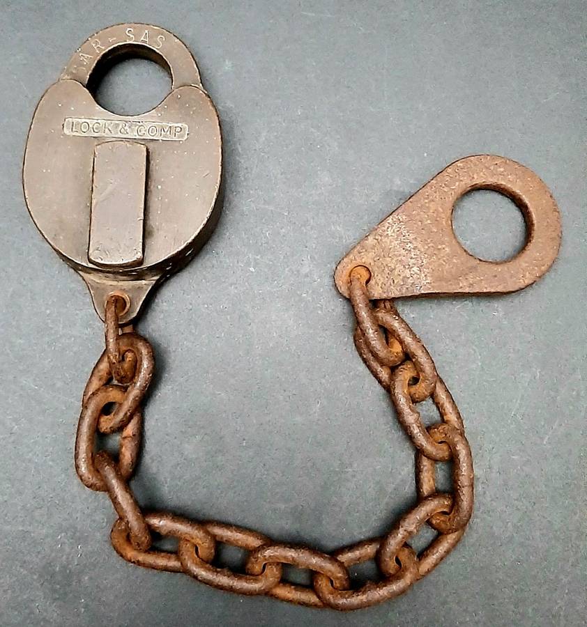 **RARE: 1960s SA Railways Brass Lever Padlock w/ Lead Chain  NO KEY ***