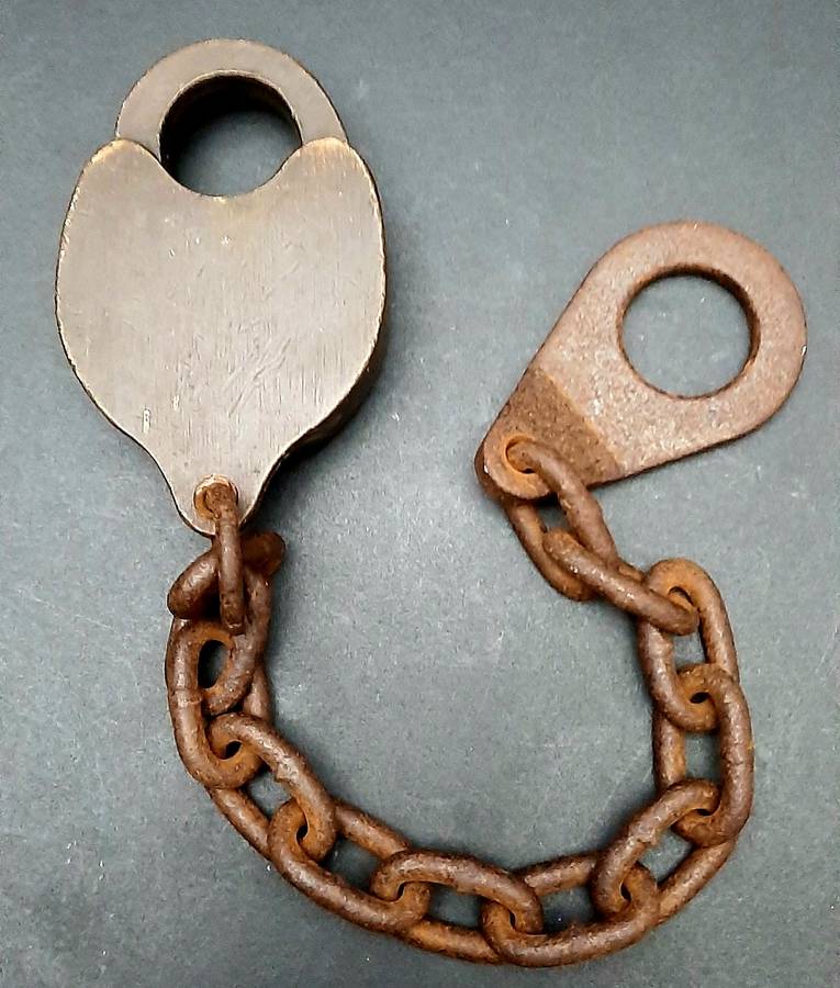 **RARE: 1960s SA Railways Brass Lever Padlock w/ Lead Chain  NO KEY ***