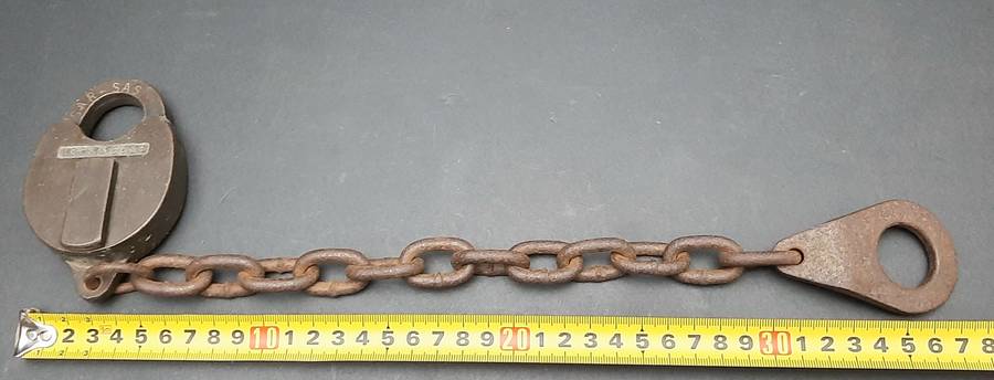 **RARE: 1960s SA Railways Brass Lever Padlock w/ Lead Chain  NO KEY ***