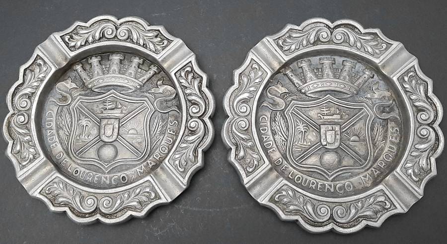 RARE: 1950s Portuguese Colonial 'Lourenco Marques' Pewter Ashtray Pair (17cm x 17cm).