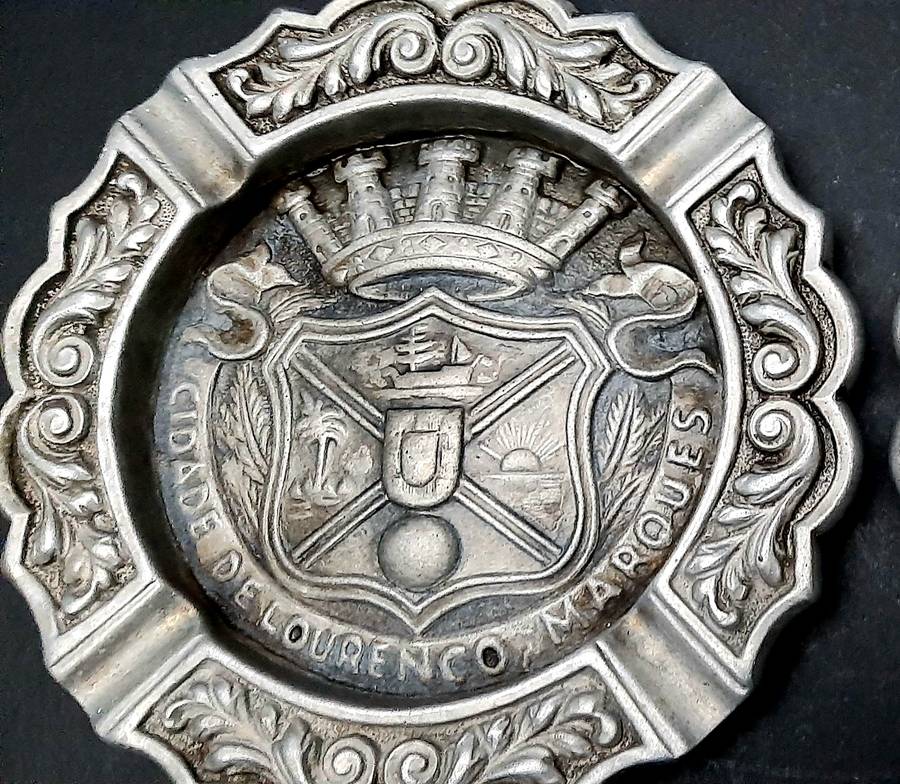 RARE: 1950s Portuguese Colonial 'Lourenco Marques' Pewter Ashtray Pair (17cm x 17cm).