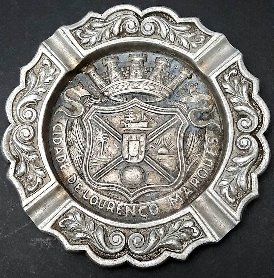 RARE: 1950s Portuguese Colonial 'Lourenco Marques' Pewter Ashtray Pair (17cm x 17cm).