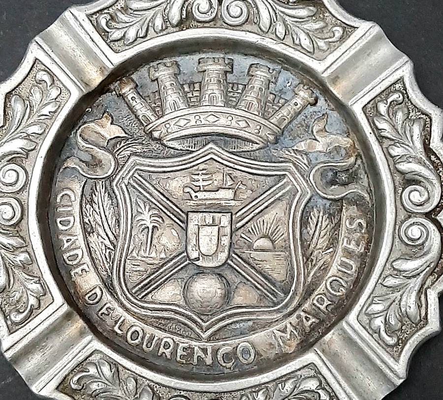 RARE: 1950s Portuguese Colonial 'Lourenco Marques' Pewter Ashtray Pair (17cm x 17cm).