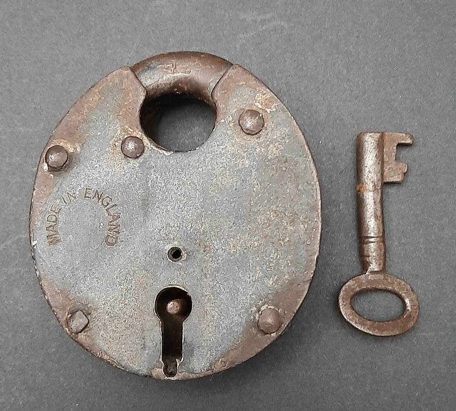 Late 19th Century: English Wrought Iron Padlock w/ Key  (Functional).