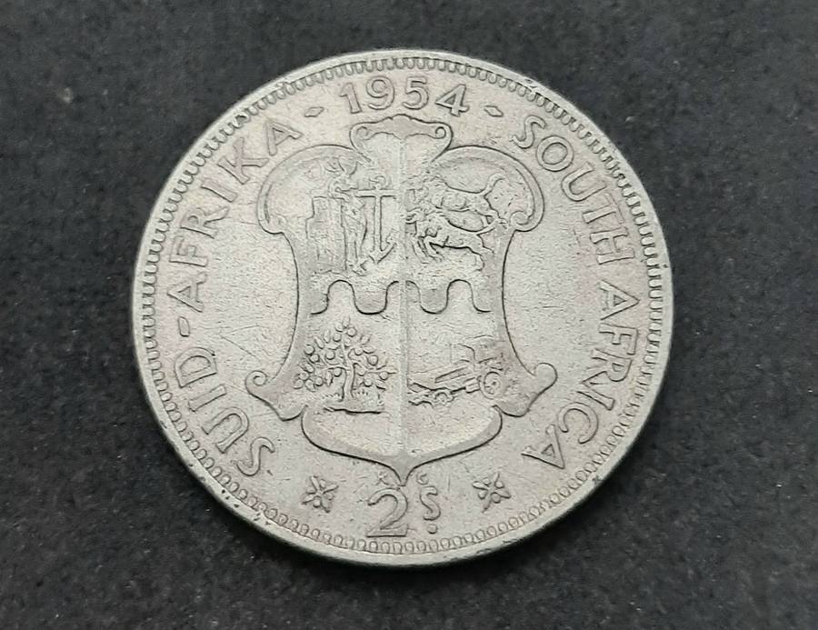 1954 South Africa: QEII .500 Silver 2 Shilling Coin (F/F+).