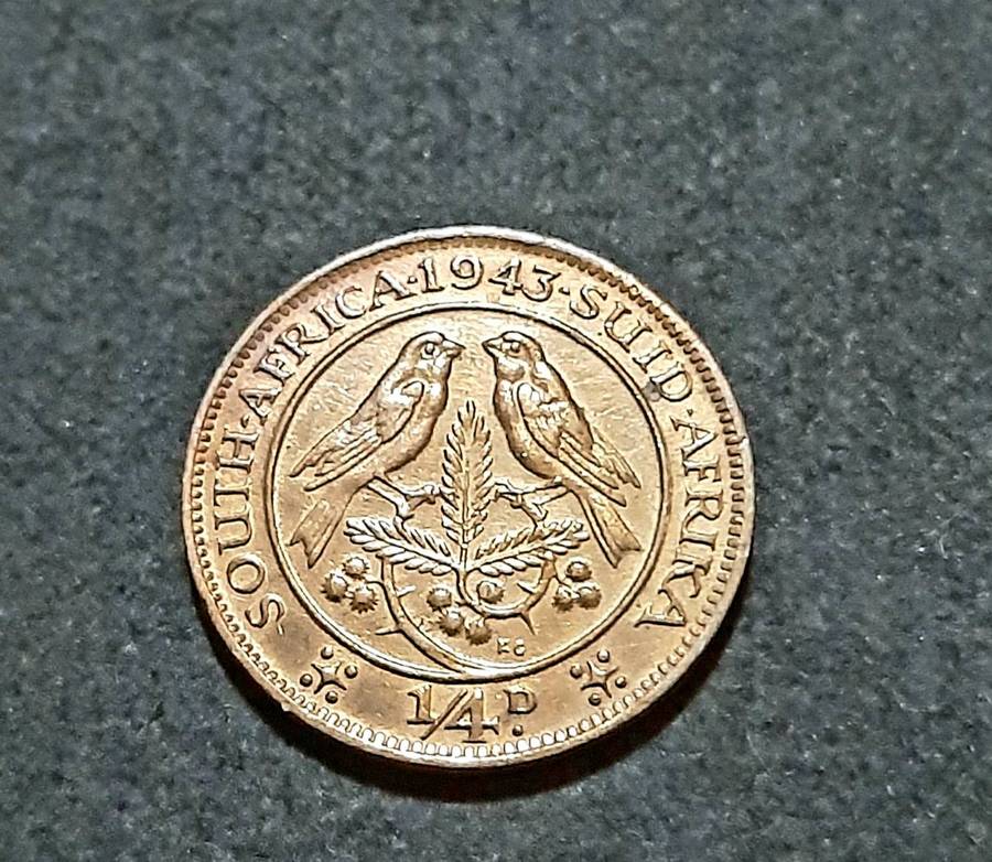 1943 Union of South Africa: KGVI  ¼ d / Farthing Coin (XF).