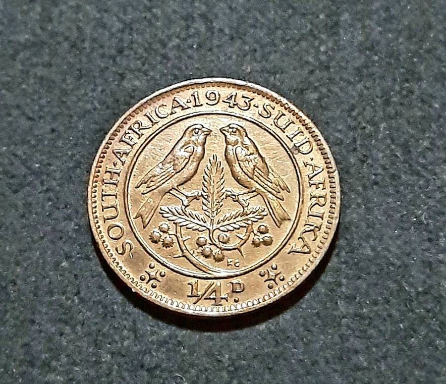 1943 Union of South Africa: KGVI  ¼ d / Farthing Coin (XF).