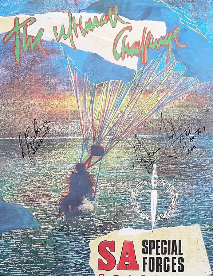 RARE: 1990s SA Special Forces 'Recce' Poster Hand-signed by Lt-Col. Wynand Du Toit & Major Botha.
