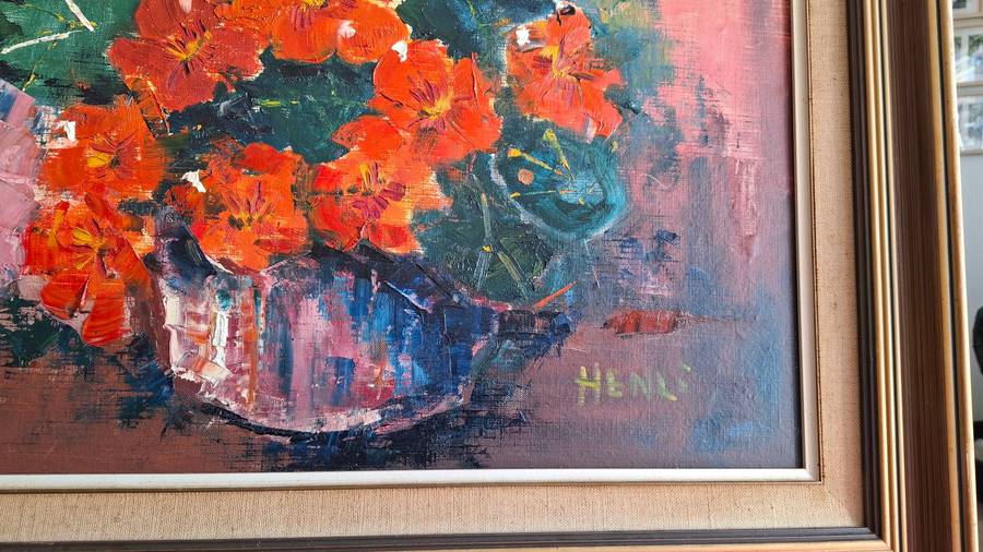 Stunning Oil on Board "Flowers in Brass Pot" by Artist Henli in Good Condition- See Information