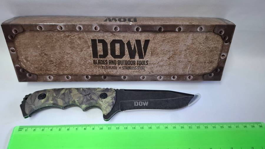 DOW Black Blade Camo Handle Knife with Sheath - K2258 - Excellent Condition