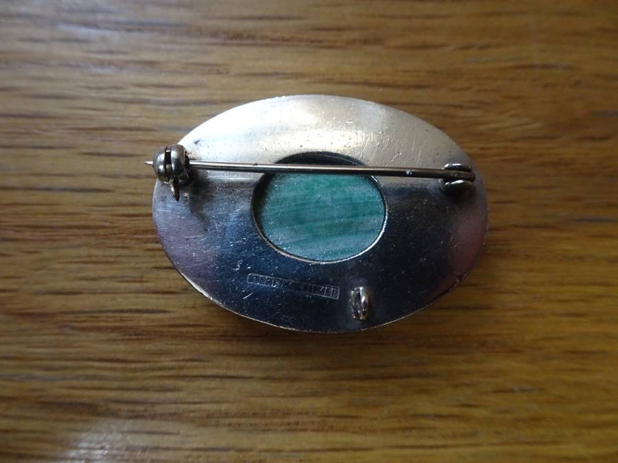 Stunning Vintage Sterling Silver Malachite Brooch - Clearly Marked Sterling Silver - 8.2 Grams