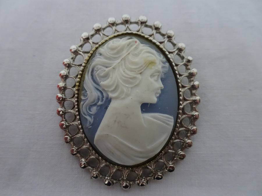 Lovely Victorian Style Brooch Pin Made with Blue Vintage Cameo And Settings - See Description
