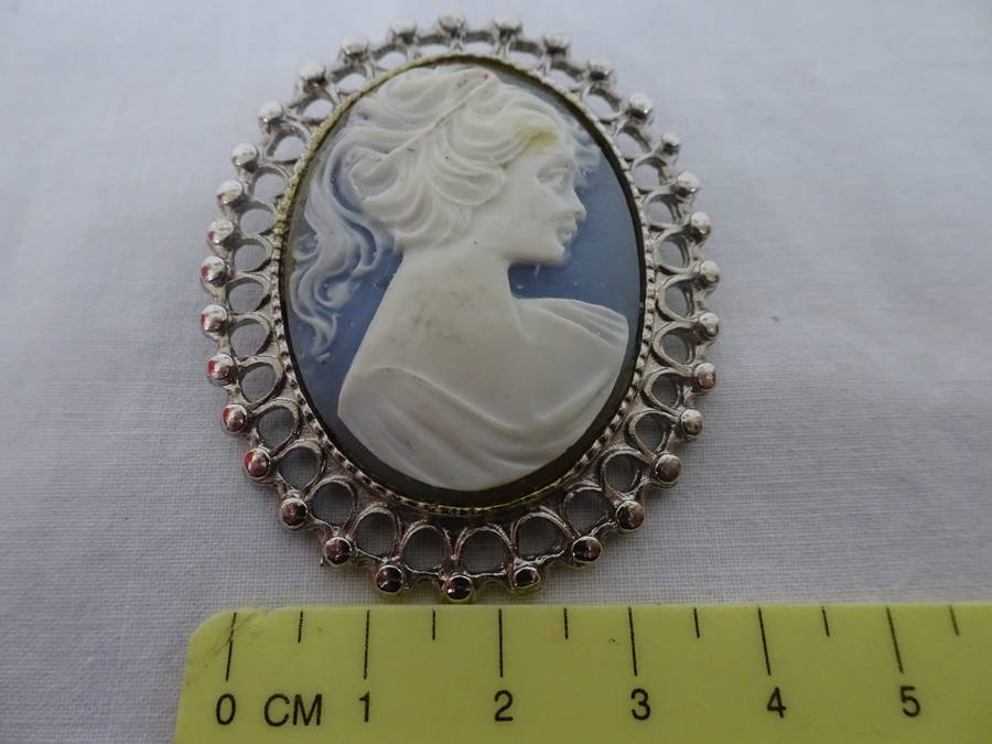 Lovely Victorian Style Brooch Pin Made with Blue Vintage Cameo And Settings - See Description