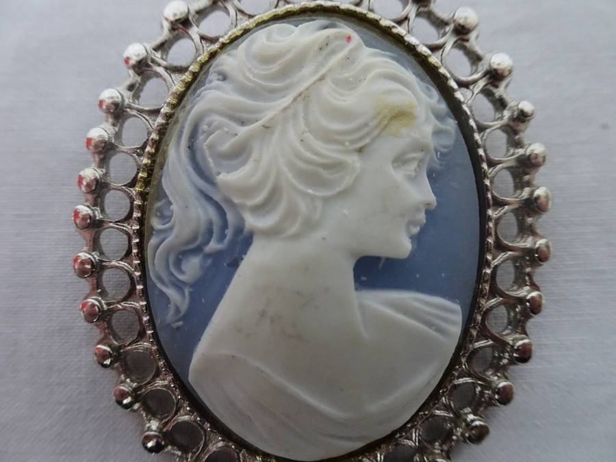 Lovely Victorian Style Brooch Pin Made with Blue Vintage Cameo And Settings - See Description
