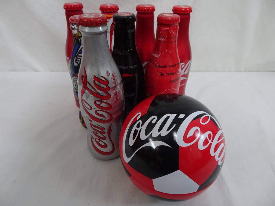 Collection Of 8x Coco Cola Glass Bottles +One Coca-Cola FIFA World Cup Russia 2018 Soccer Metal Ball