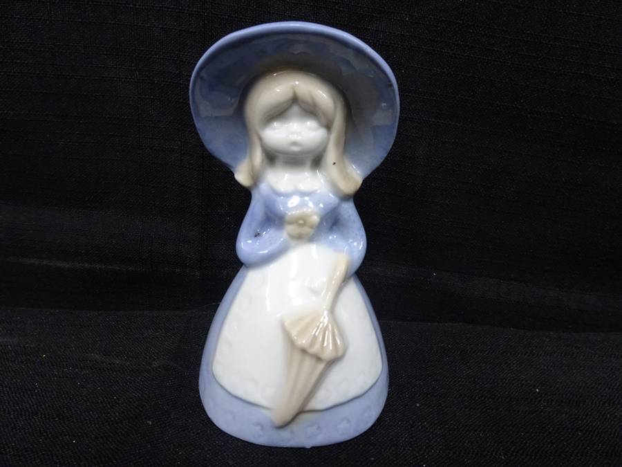 Stunning Vintage Girl Blue & White Holding A Parasol Porcelain Bell - In Good Condition