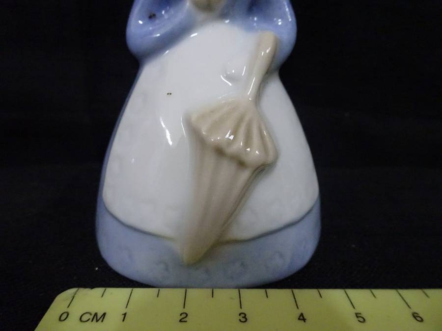 Stunning Vintage Girl Blue & White Holding A Parasol Porcelain Bell - In Good Condition