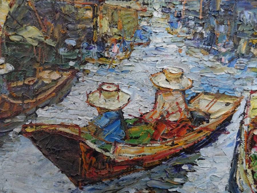 Beautiful Oil On Canvas With Floating Market Thailand Countryside - See My Description