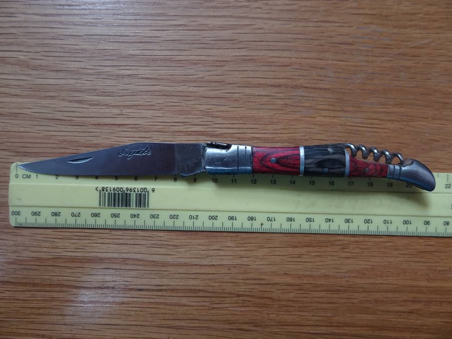 Fantastic Vintage `Laguiole` Folding Knife With Corkscrew Black And Red Stained Wood Handle