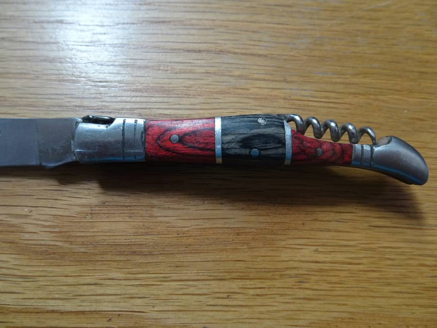 Fantastic Vintage `Laguiole` Folding Knife With Corkscrew Black And Red Stained Wood Handle