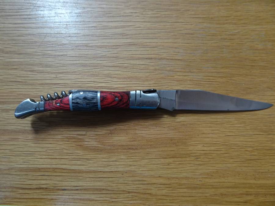 Fantastic Vintage `Laguiole` Folding Knife With Corkscrew Black And Red Stained Wood Handle