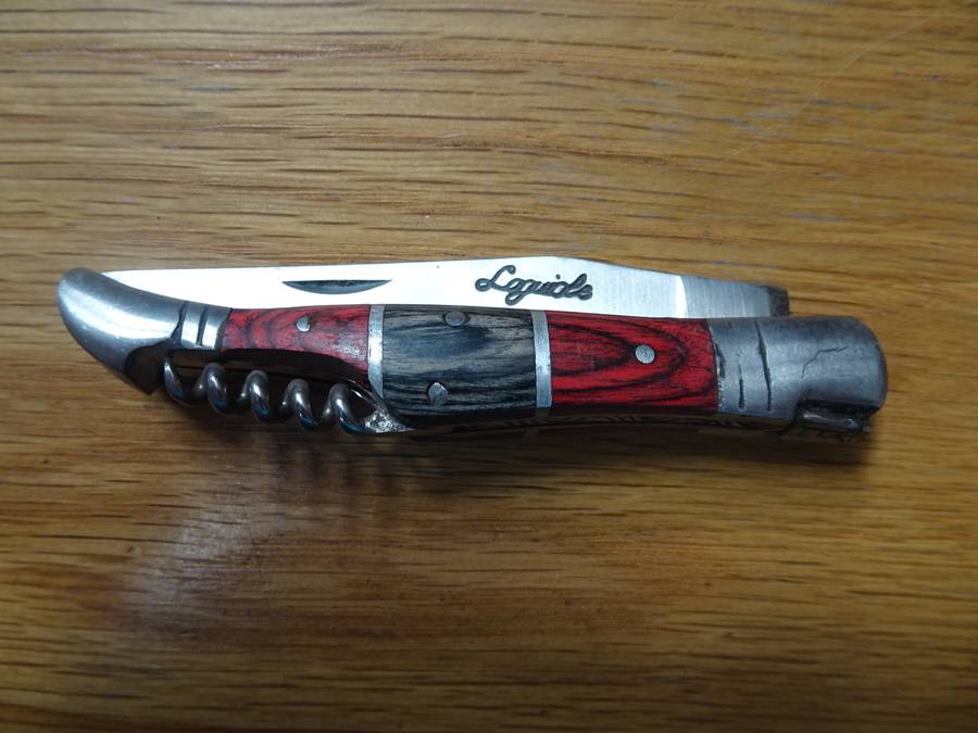 Fantastic Vintage `Laguiole` Folding Knife With Corkscrew Black And Red Stained Wood Handle