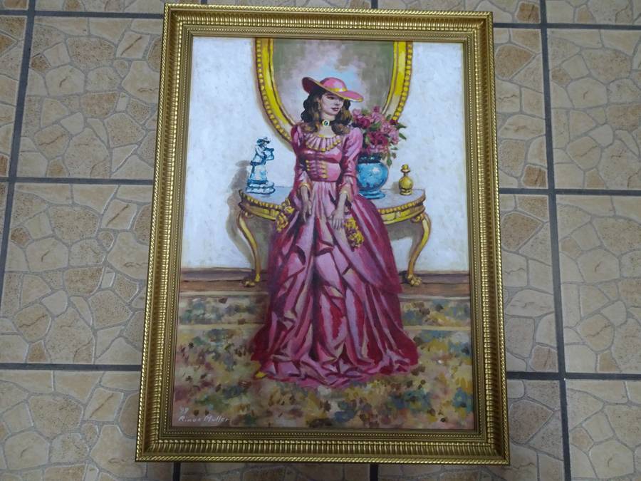 Beautiful Large Oil On Board Of a Lady In Pink By South African Artist Rinus Muller 1999