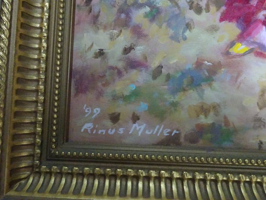 Beautiful Large Oil On Board Of a Lady In Pink By South African Artist Rinus Muller 1999
