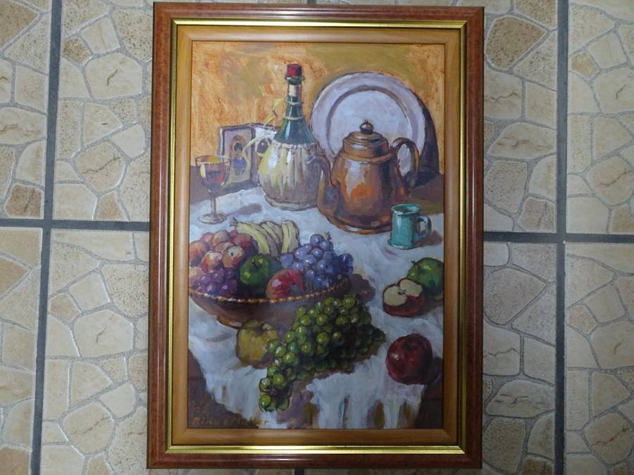 Lovely Oil On Board Of Still Life On Table With Fruit & Wine South African Artist Rinus Muller 2003