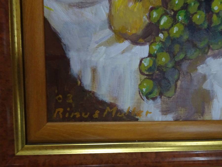 Lovely Oil On Board Of Still Life On Table With Fruit & Wine South African Artist Rinus Muller 2003