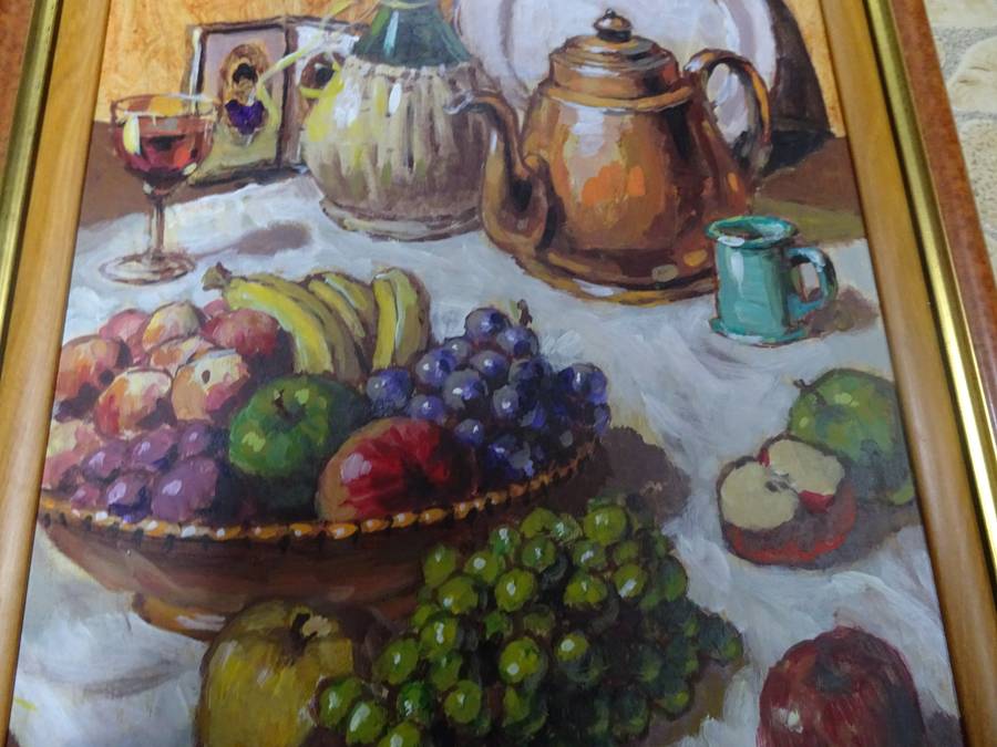 Lovely Oil On Board Of Still Life On Table With Fruit & Wine South African Artist Rinus Muller 2003