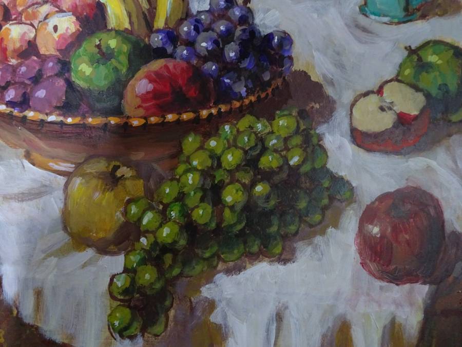 Lovely Oil On Board Of Still Life On Table With Fruit & Wine South African Artist Rinus Muller 2003