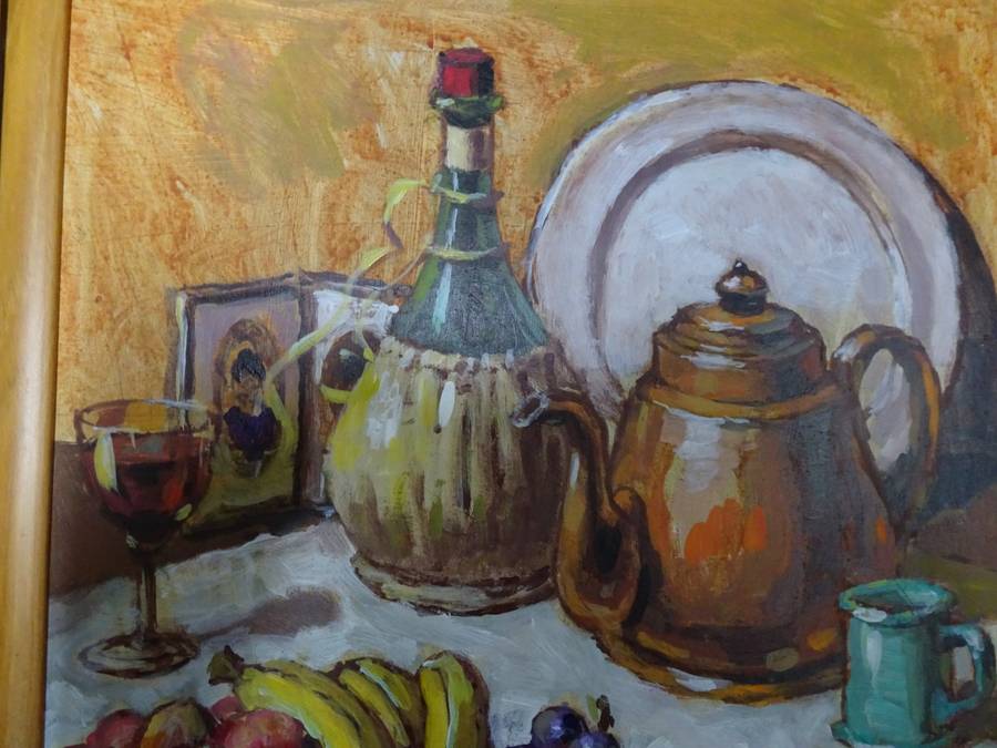 Lovely Oil On Board Of Still Life On Table With Fruit & Wine South African Artist Rinus Muller 2003