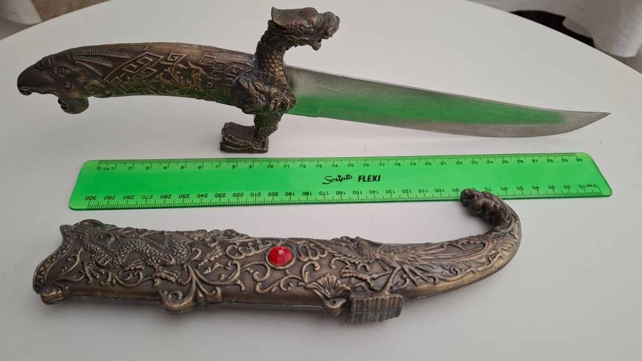 Stunning Gothic Style Dagger and Sheath with Dragon and Other Motives in Great Condition