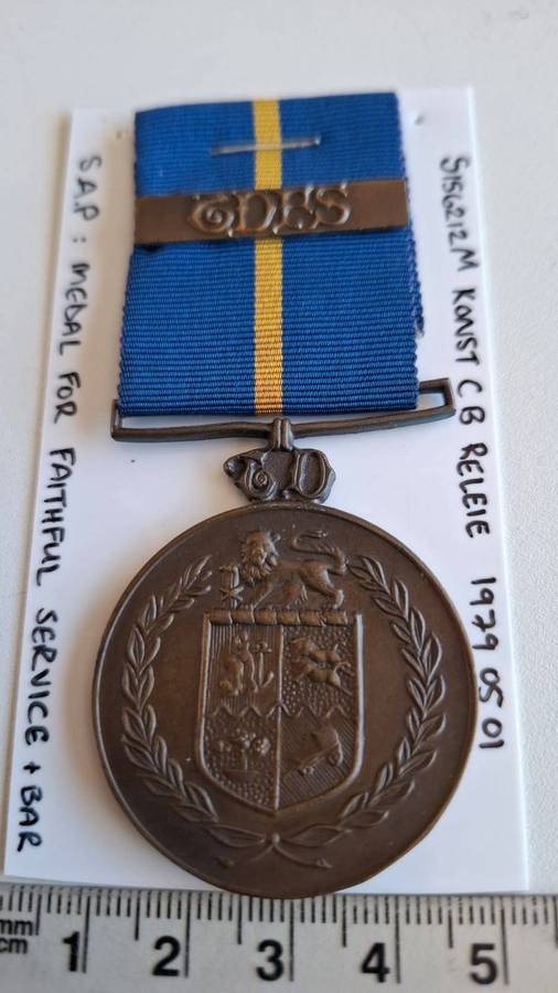 South Africain Police Medal for Faithful Service with Bar awarded to Konst C.B.Releie 1979/05/01