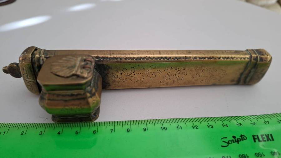 Very Rare Antique Armenian Bronze Pen Case with Inkwell Divit Qalamdan 18-19th Century