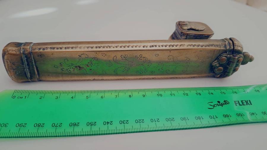 Very Rare Antique Armenian Bronze Pen Case with Inkwell Divit Qalamdan 18-19th Century
