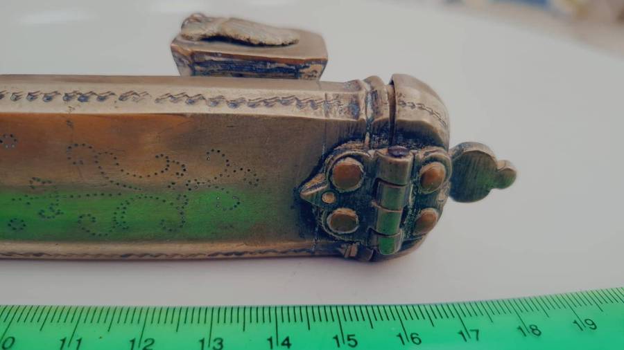 Very Rare Antique Armenian Bronze Pen Case with Inkwell Divit Qalamdan 18-19th Century