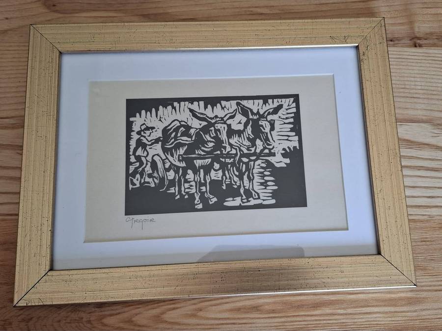 Stunning Gregoire Boonzaier (1909-2005) Linocut "Donkey Cart with Two Donkeys" Signed -Framed